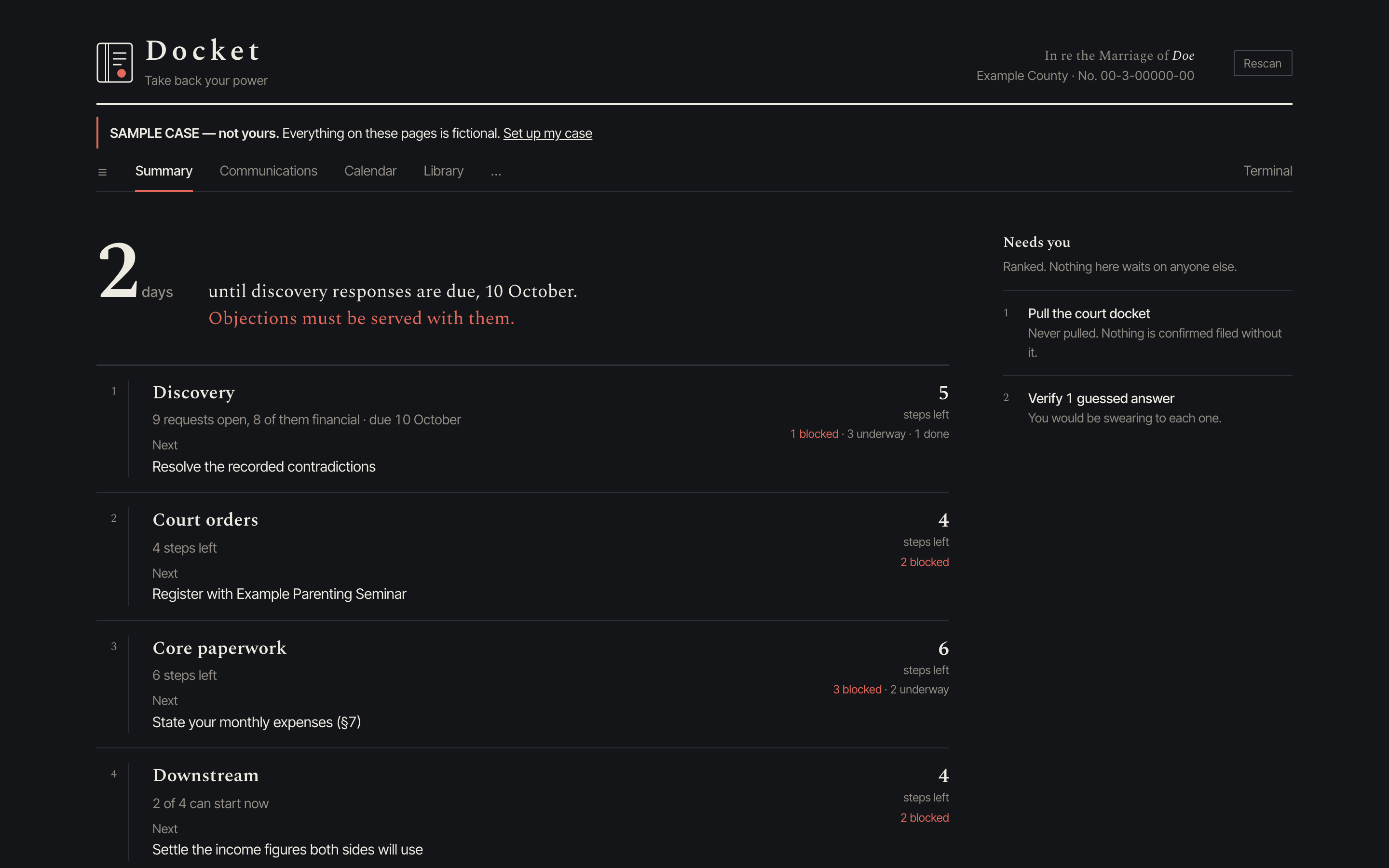 The Docket dashboard's Summary page for a fictional case, the Does
